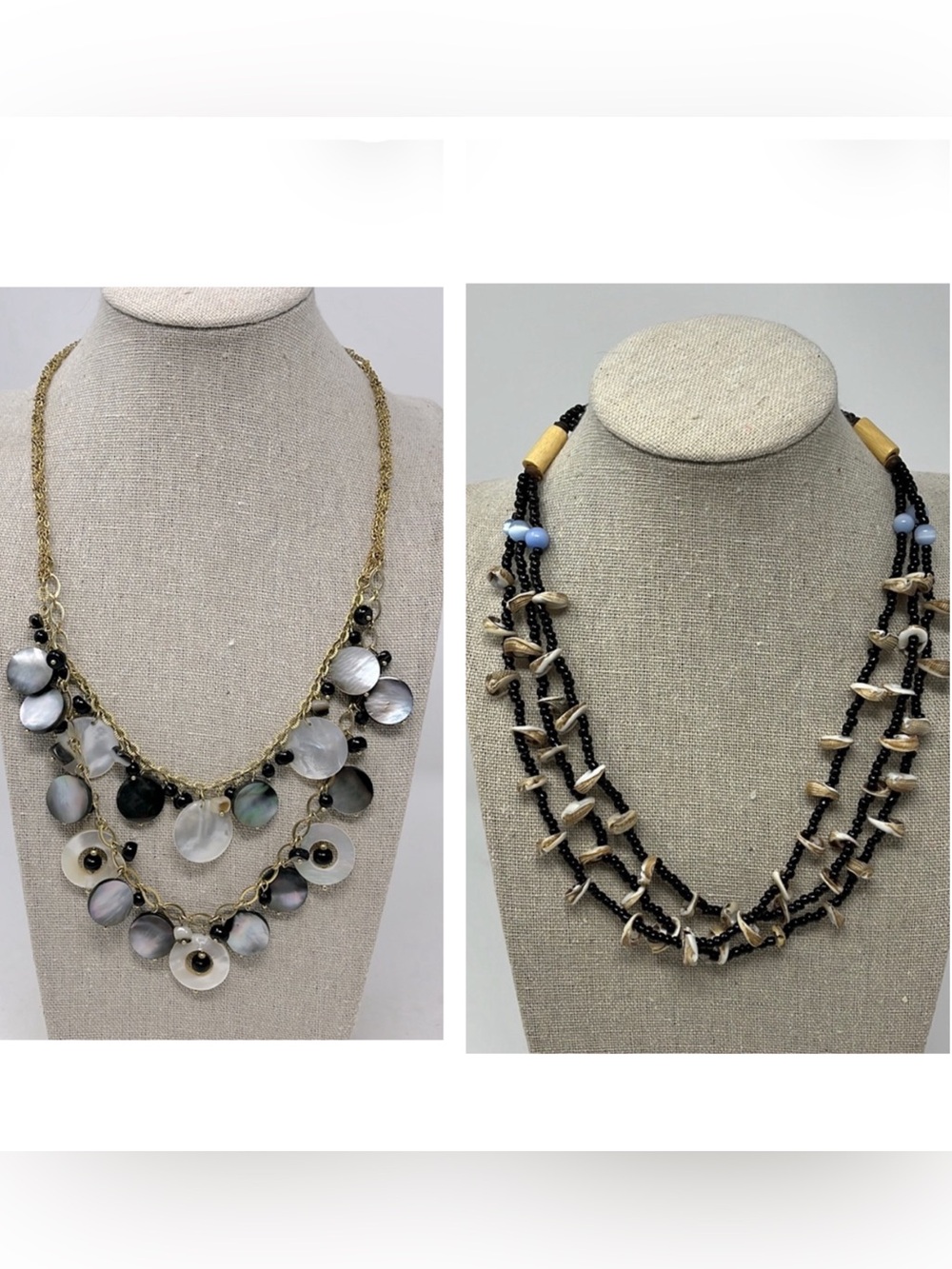 Necklace bundle of 2 Mother of Pearl Abalone Beads & handcrafted 3 strand shells